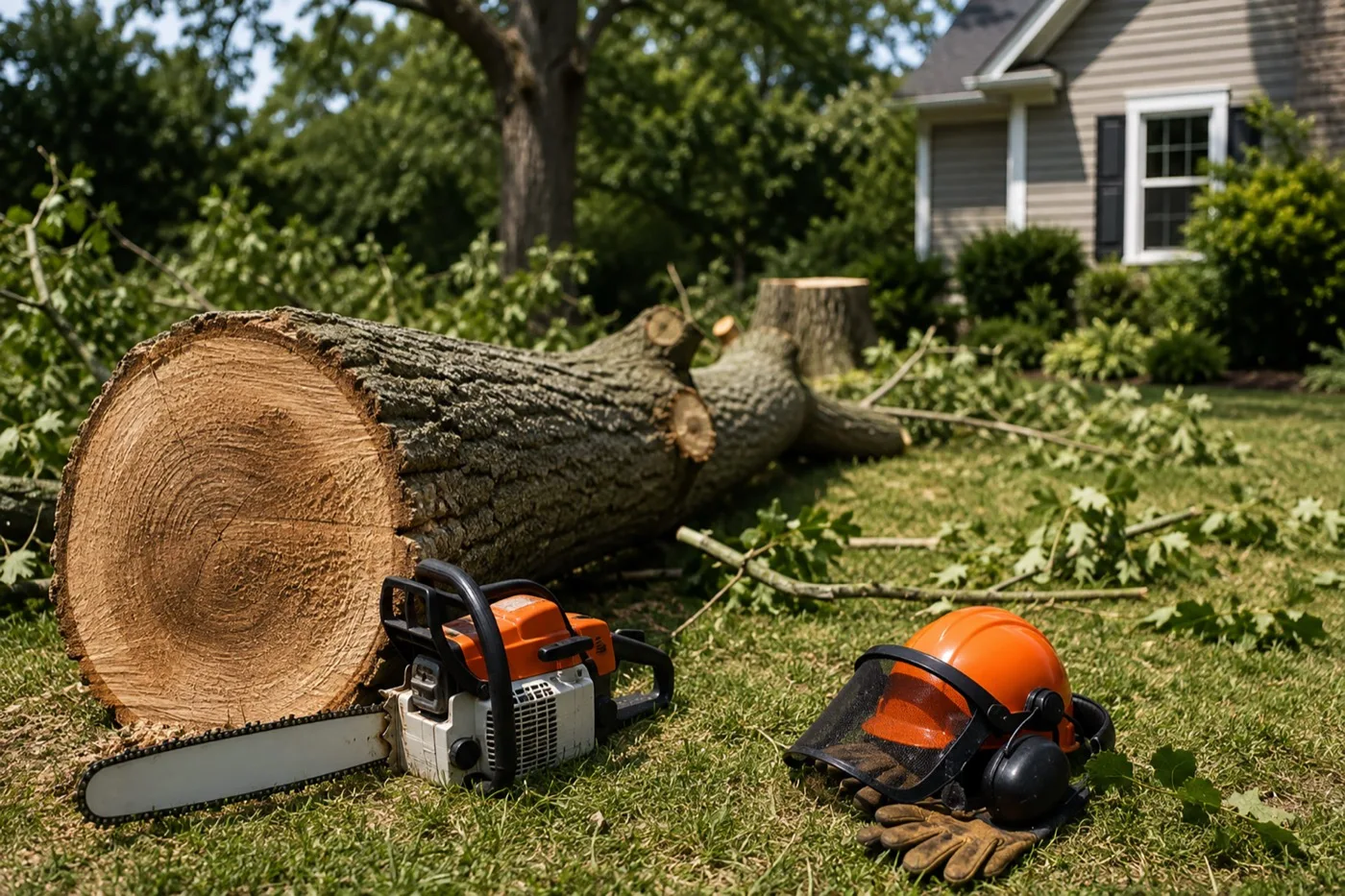 Felled tree trunk cut into sections on a lawn with a chainsaw, helmet and gloves