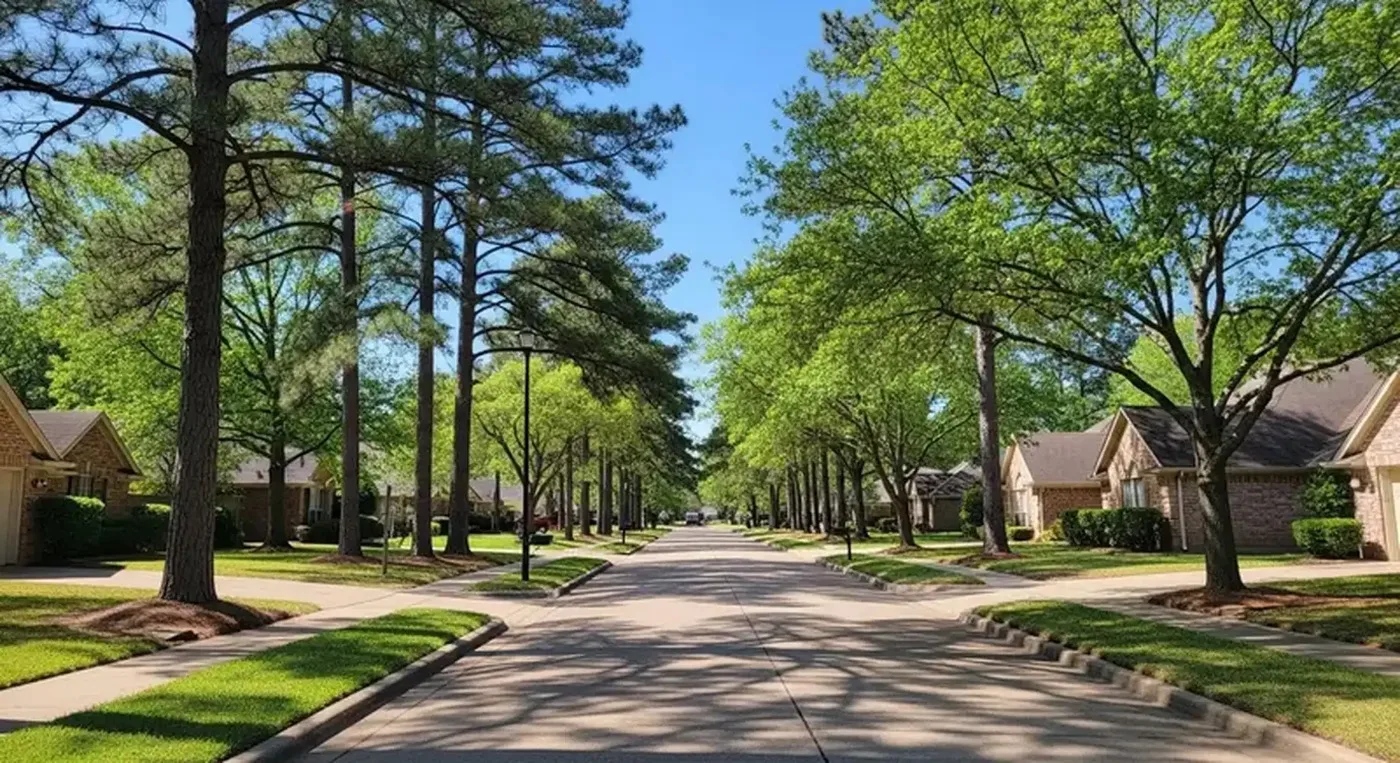 Residential street lined with tall pines and shade trees in a Houston-area neighborhood